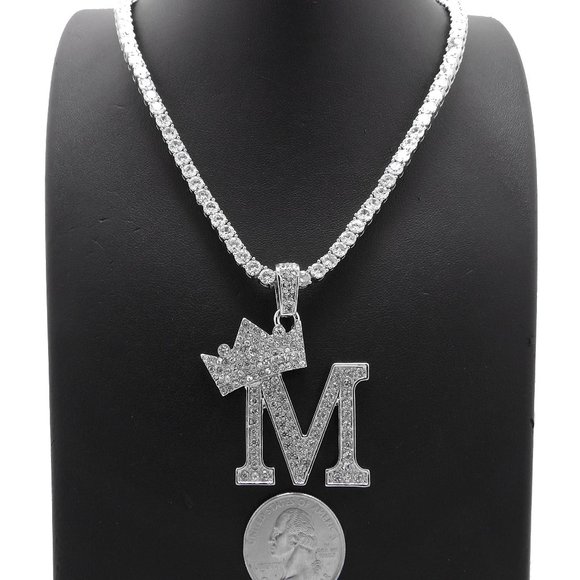 Initial Letter "M" Pendant Tennis Chain Necklace - Picture 9 of 10